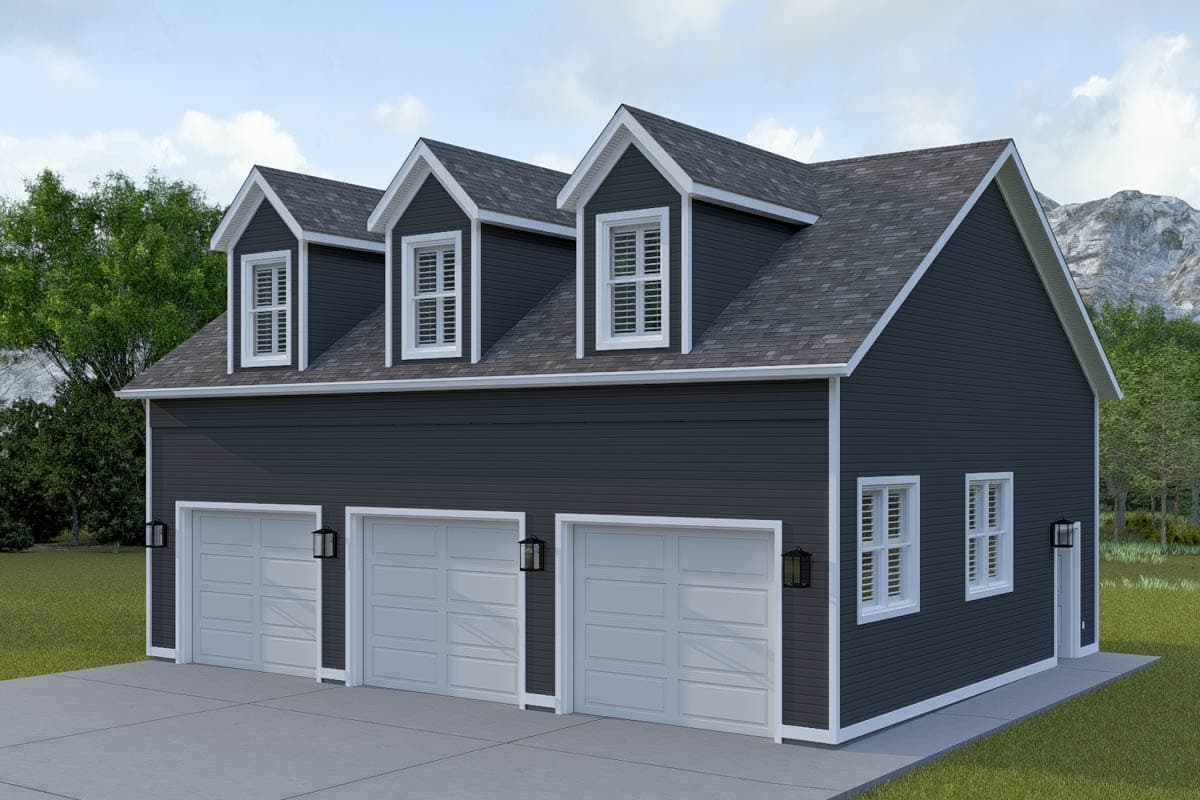 House plan exterior: Three-car garage with three dormers and dark siding.