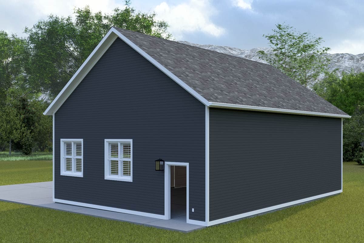 House plan exterior: One-story building with dark siding, gable roof, two windows, and an open doorway.