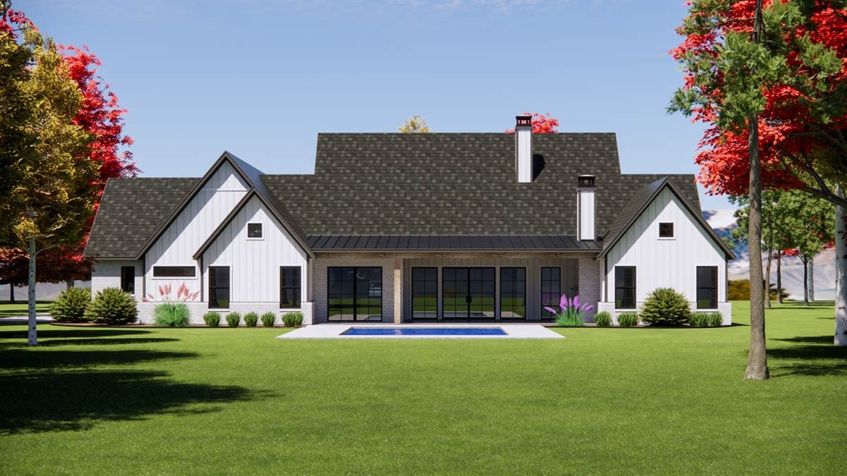 Modern Farmhouse house plan exterior with gables, large windows, covered patio, and a pool.