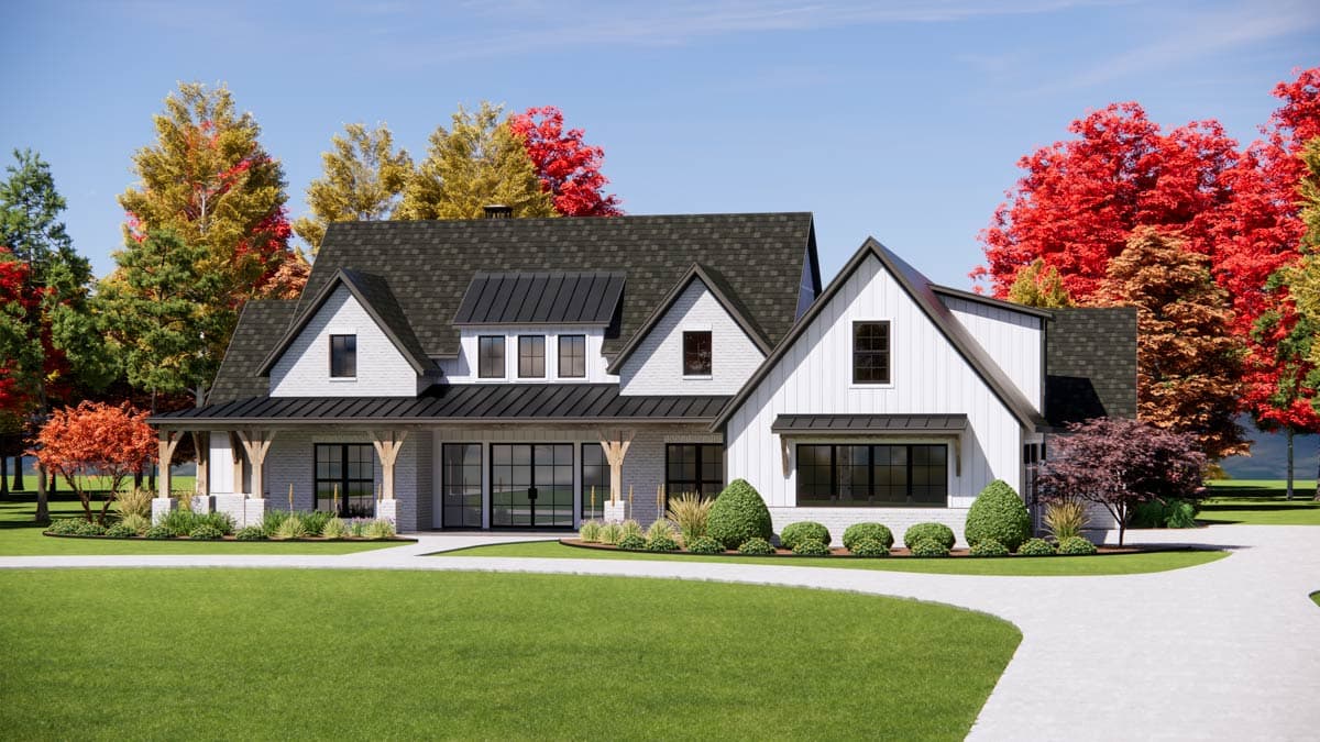 Modern Farmhouse house plan exterior with gable roof, white siding, brick accents, and covered porch with timber supports.