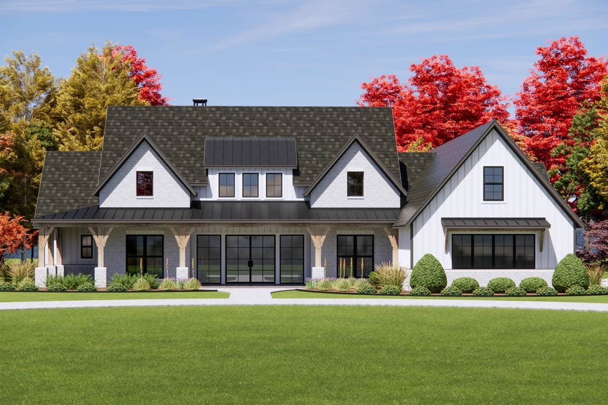 House plan exterior view of a Modern Farmhouse with a gabled roof, a covered porch with supporting columns, and dormers.