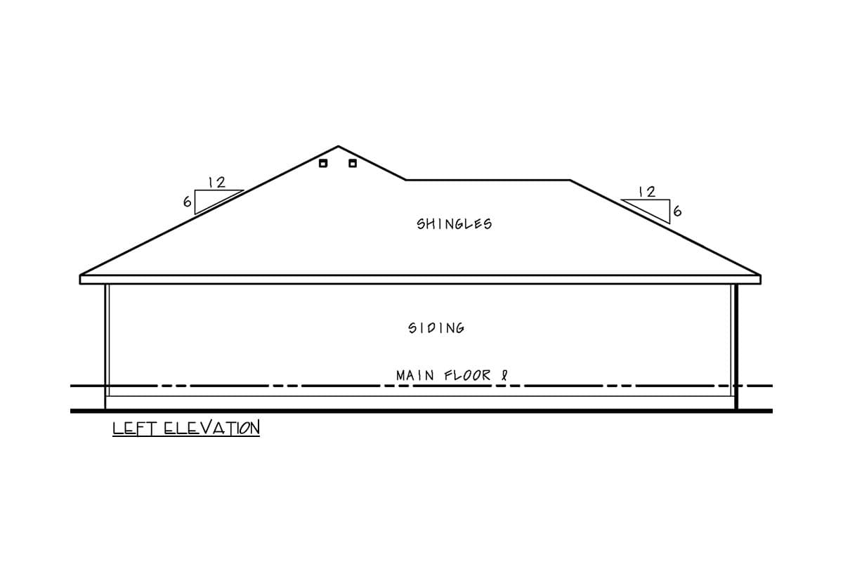 Left elevation drawing of a house with siding and a hip roof with shingles. Shows a 6/12 roof pitch.
