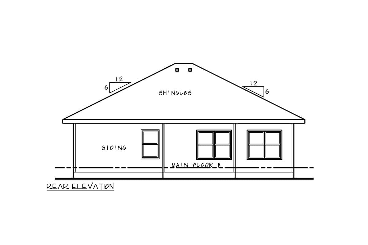Rear elevation drawing of a house with siding, shingles, and three windows on the main floor.