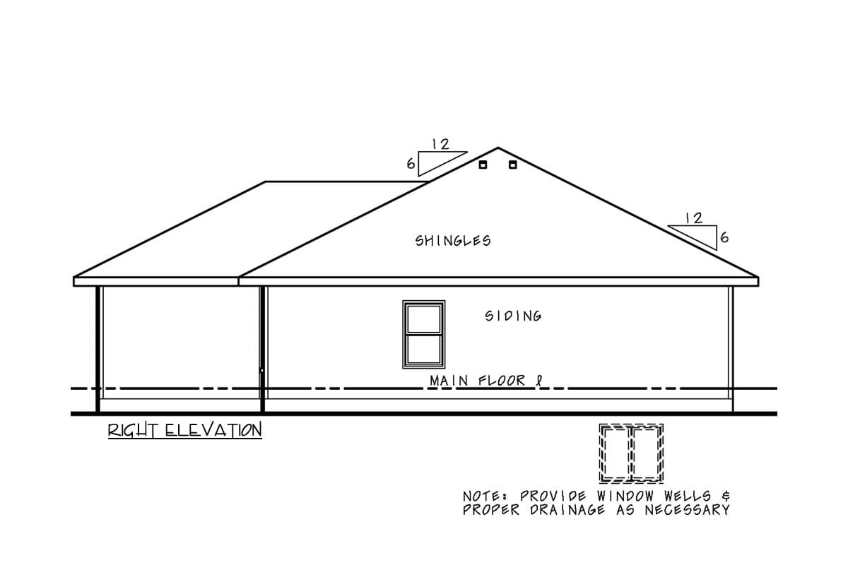 Right elevation of house plan showing siding, shingles, a window, and a note about window wells and drainage.