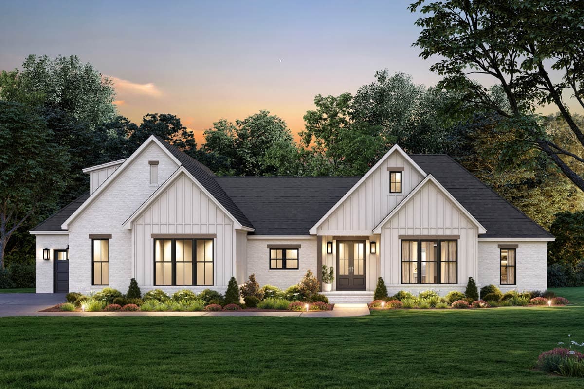 House plan exterior featuring Modern Farmhouse style with two stories, gabled rooflines, dormers, and a covered front entry.