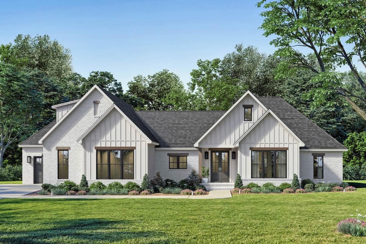 Modern Farmhouse house plan exterior with white brick, prominent gables, board and batten siding, and dark-framed windows.