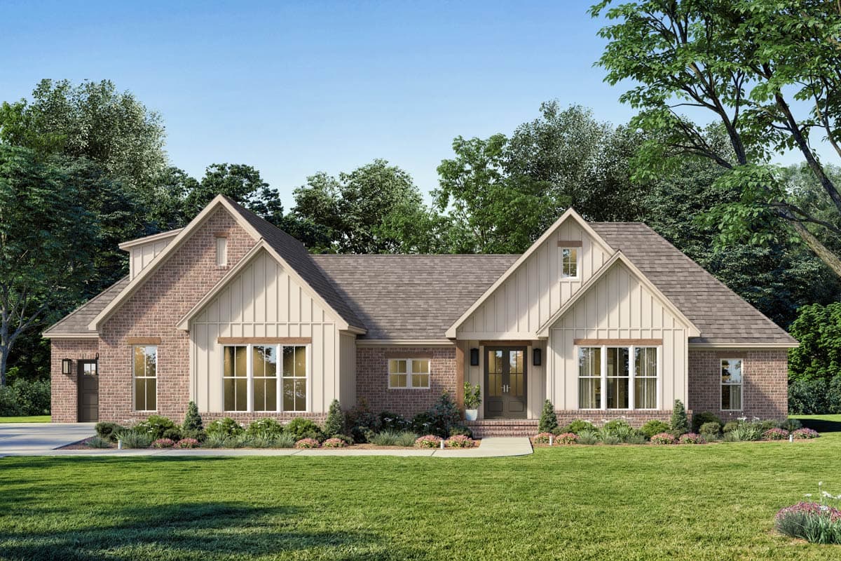 Modern Farmhouse style house plan exterior with brick facade, gable rooflines, board and batten siding, and a covered entry.