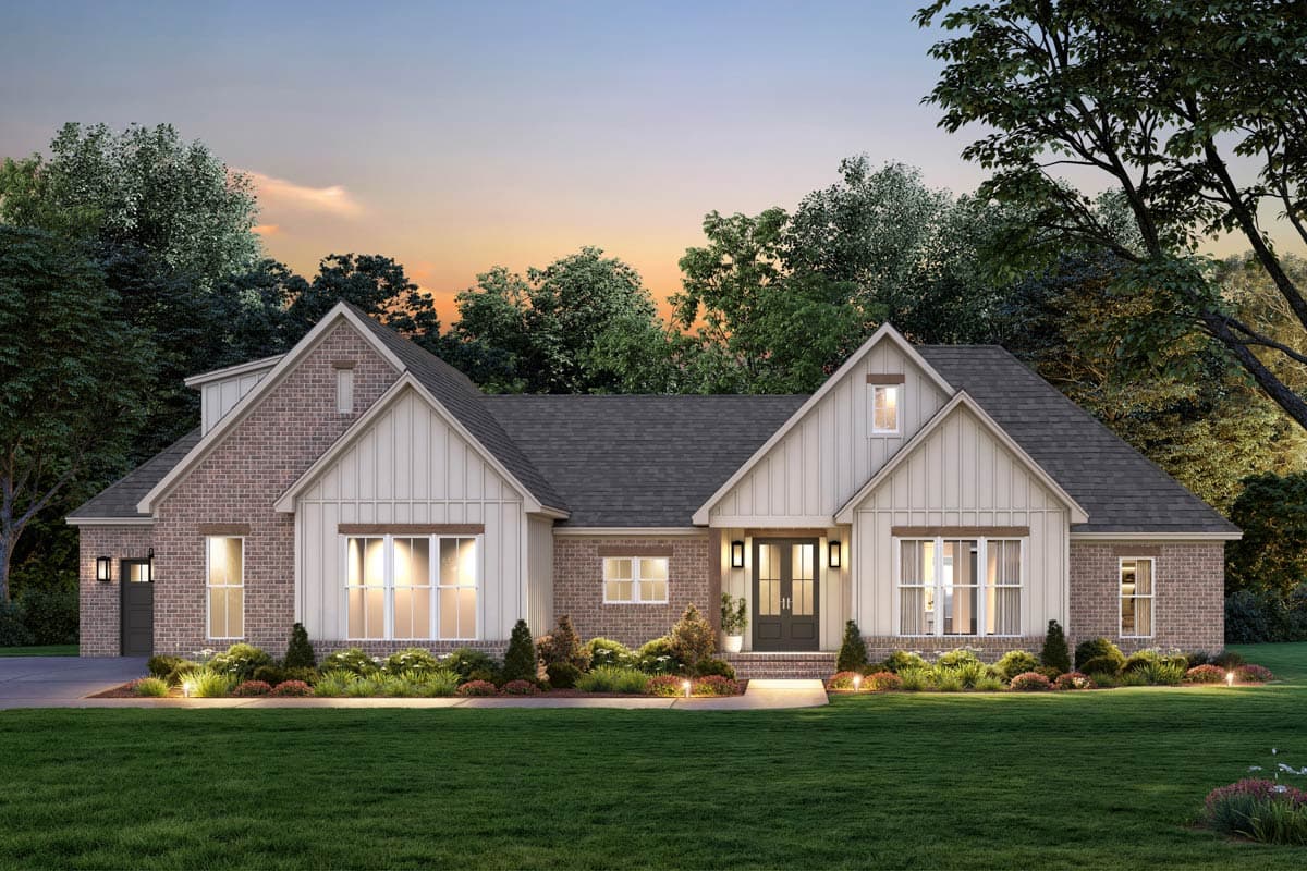 House plan exterior: Ranch style with brick and vertical siding, prominent gables, and a covered entry with double doors.