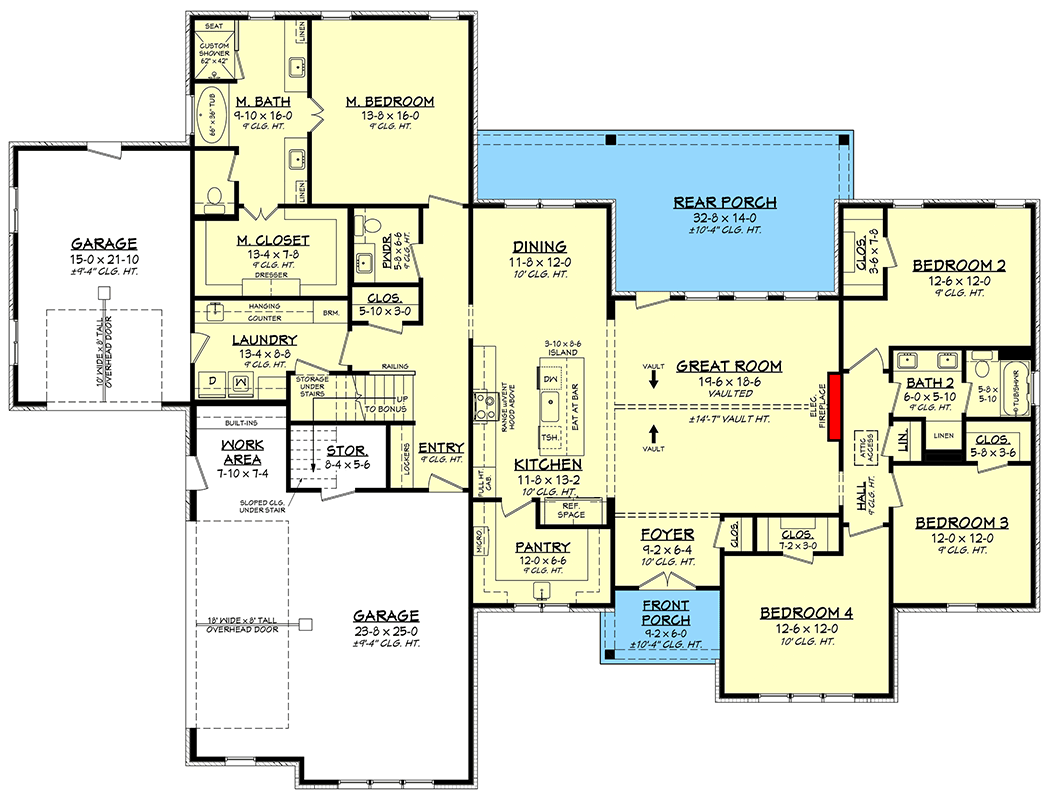 Plan 52009HZ: Modern Farmhouse Ranch with Split Bedrooms and Bonus Room - Floor Plan - Main Level - Country, Modern Farmhouse, Ranch, Traditional