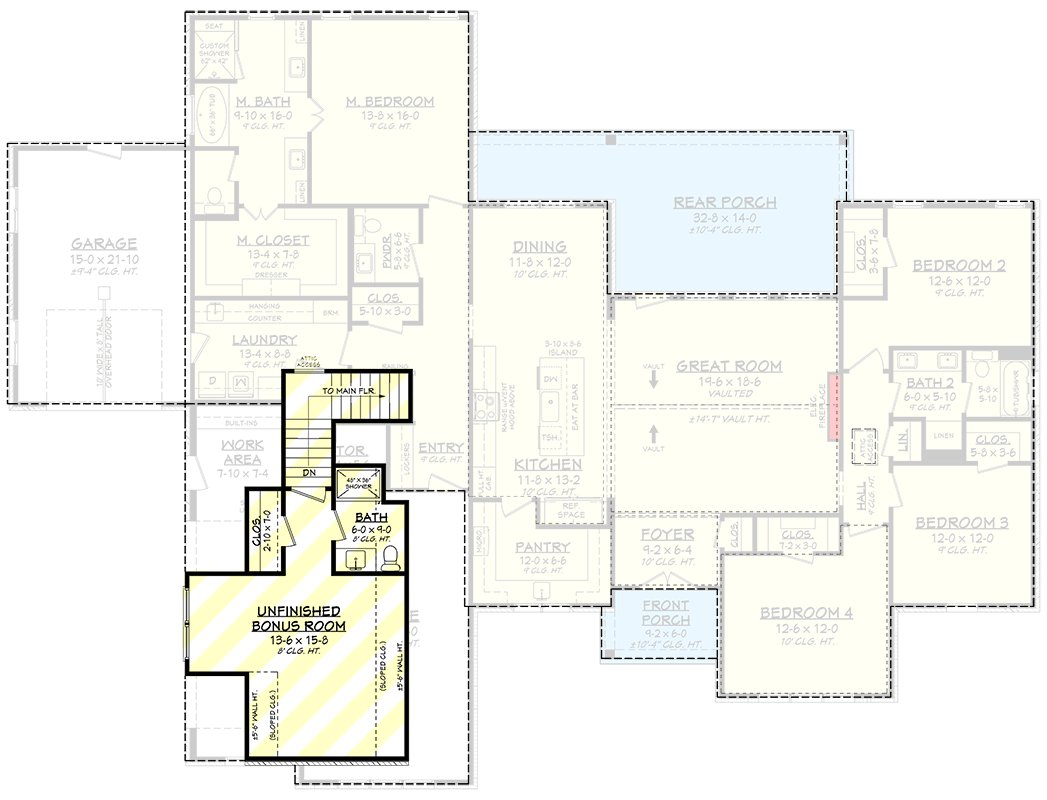 Plan 52009HZ: Modern Farmhouse Ranch with Split Bedrooms and Bonus Room - Floor Plan - Optionally Finished Bonus Room - Country, Modern Farmhouse, Ranch, Traditional