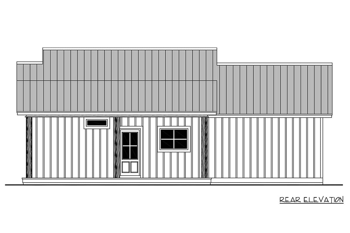 Rear elevation drawing of a house plan featuring a central door, two windows, and a stepped roofline.