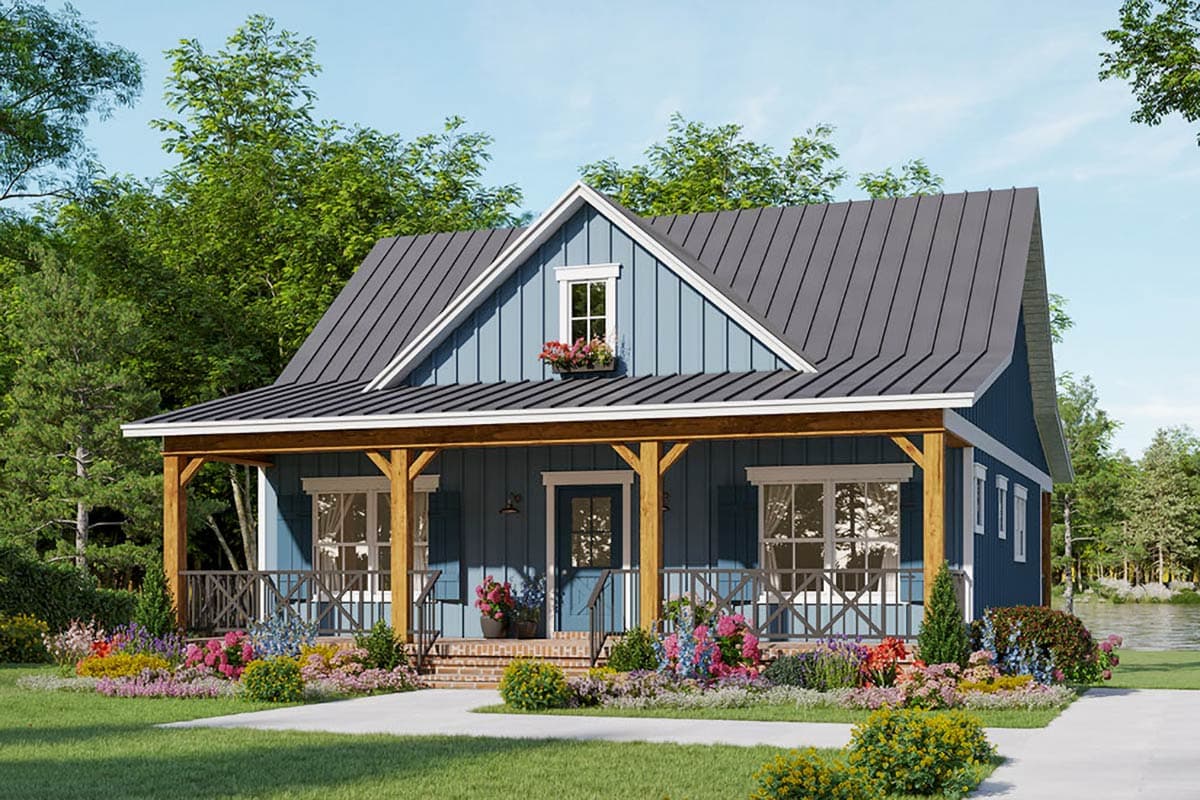 House plan exterior. Cottage style with a single story, front porch, gabled roof, and dormer window detail.