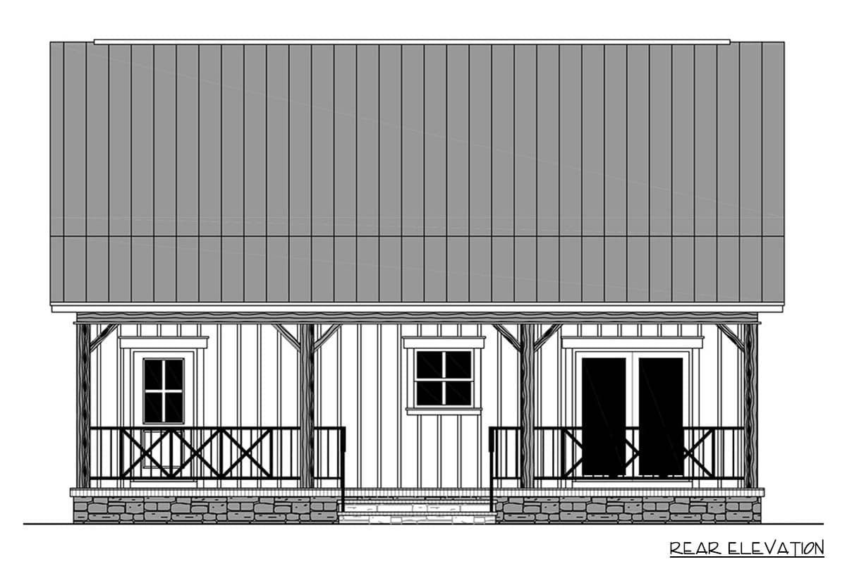 Rear elevation house plan featuring a standing seam metal roof, a covered porch with wood supports, two windows, and double doors.