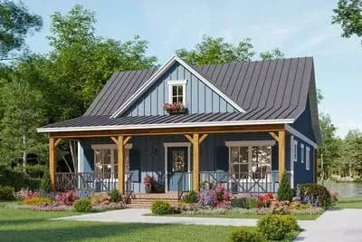 Two-Bedroom Country House Plan with Dual Porches
