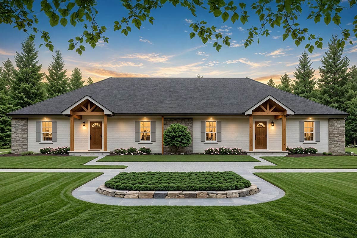 House plan exterior. Ranch style with a single story, featuring exposed timber porch supports, gabled entryways, and stone accents.
