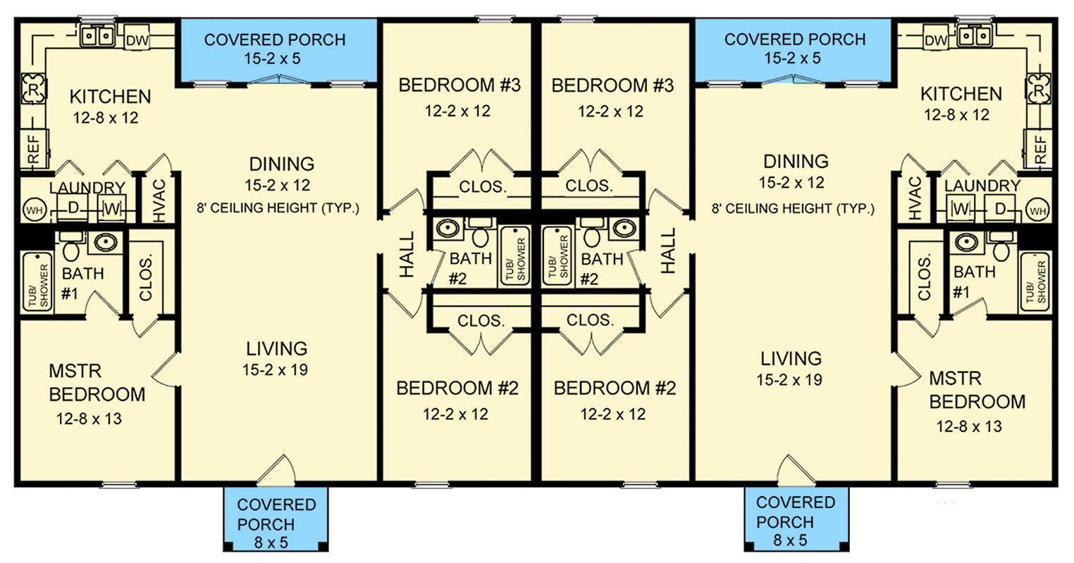Plan 51248MM: Traditional Ranch Duplex House Plan with Split Bedrooms and Front Porches - Floor Plan - Main Level - Ranch, Traditional