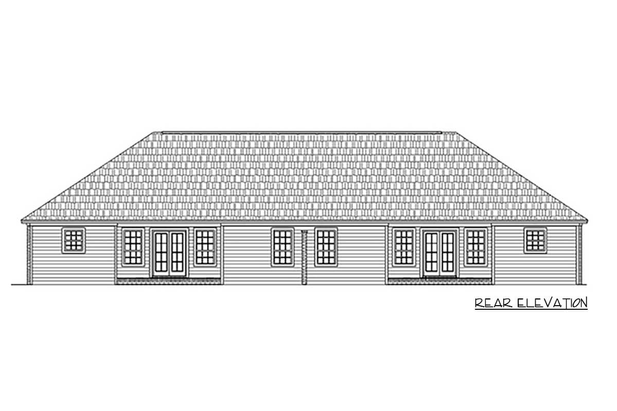 Rear elevation drawing of a single-story house with a wide hip roof, double doors, and multiple windows.