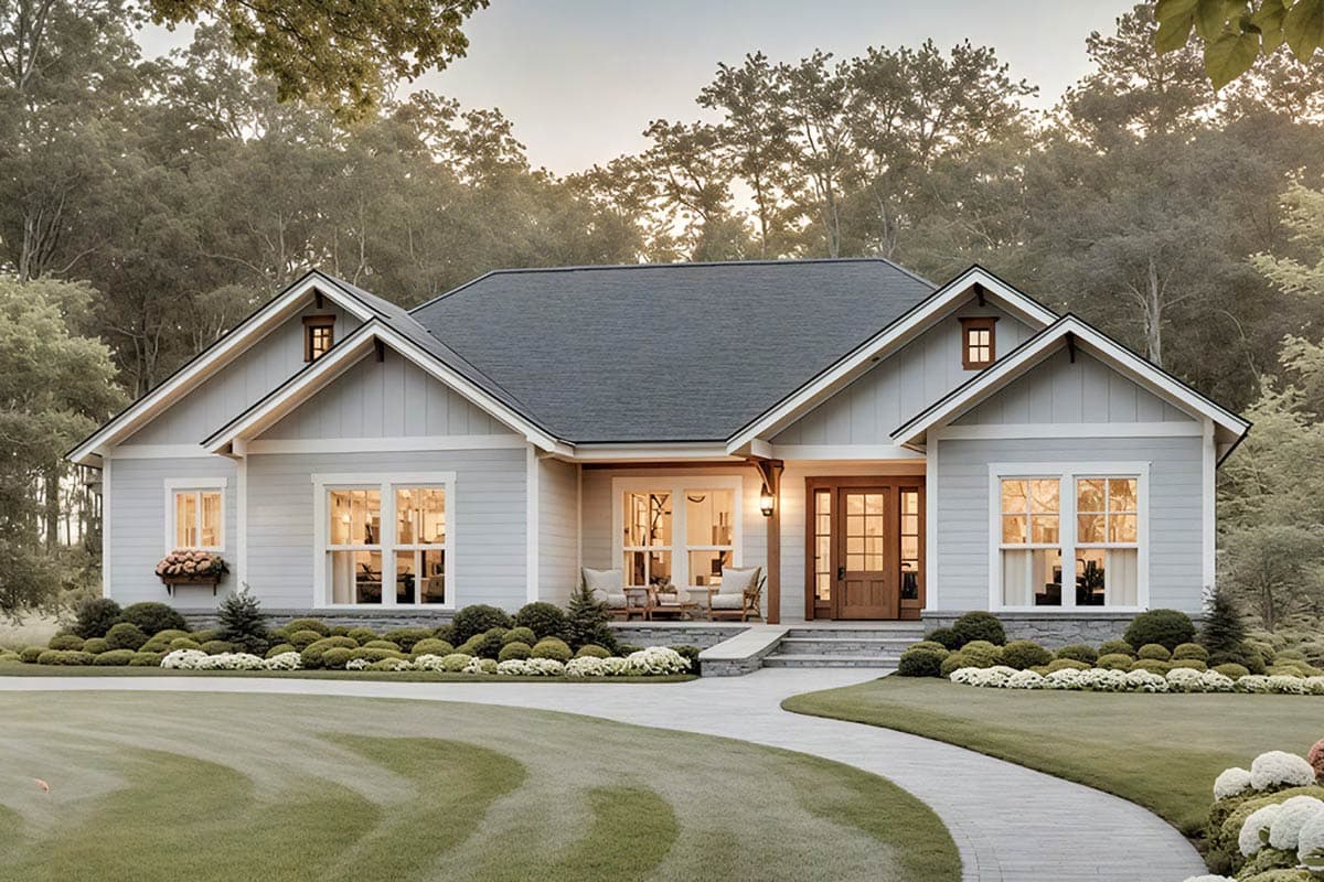 House plan exterior. Craftsman style, single-story home with gables, dormers, and a covered porch. Features include a walkway and landscaping.
