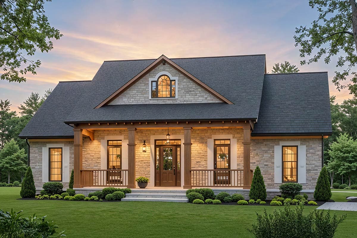 House plan exterior with stone veneer, Craftsman style, front porch with columns, and a gabled roof with a dormer.