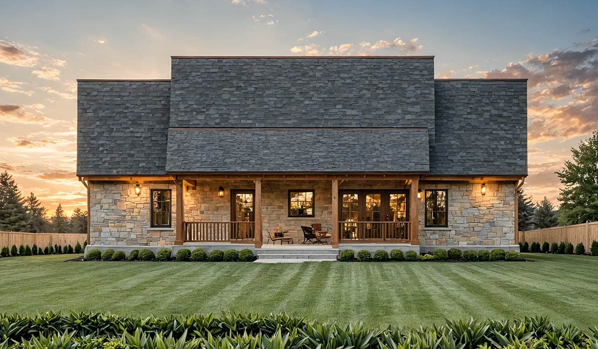 House plan exterior: stone facade, wide covered porch with wooden posts, multiple gables, and a slate roof.