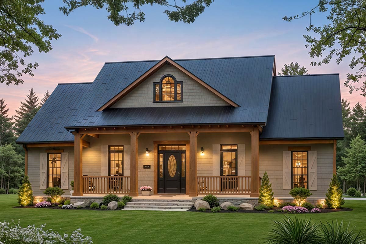 House plan exterior. Craftsman style with a gabled roof, a covered porch with wooden posts, and a dormer window above the entry.