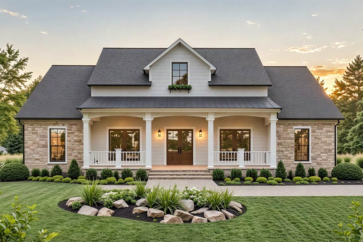 House plan exterior. Two-story, farmhouse style home with front porch, gabled roof, dormer, and stone facade accents.