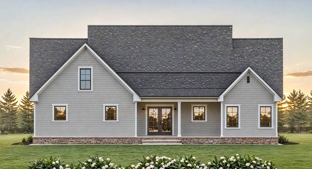 House plan exterior: Two-story Modern Farmhouse with gables, stone foundation, and covered entry with double doors.