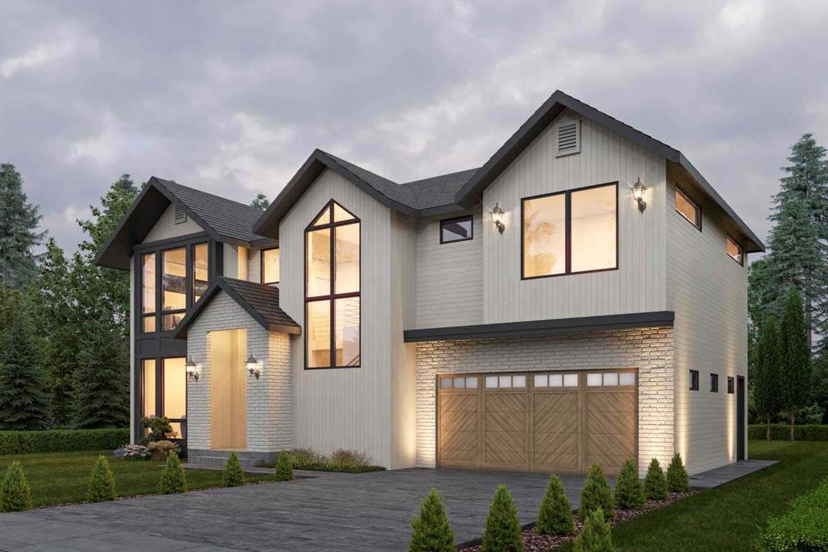 House plan exterior: two-story modern home with vertical siding, large gable windows, and a multi-car garage.