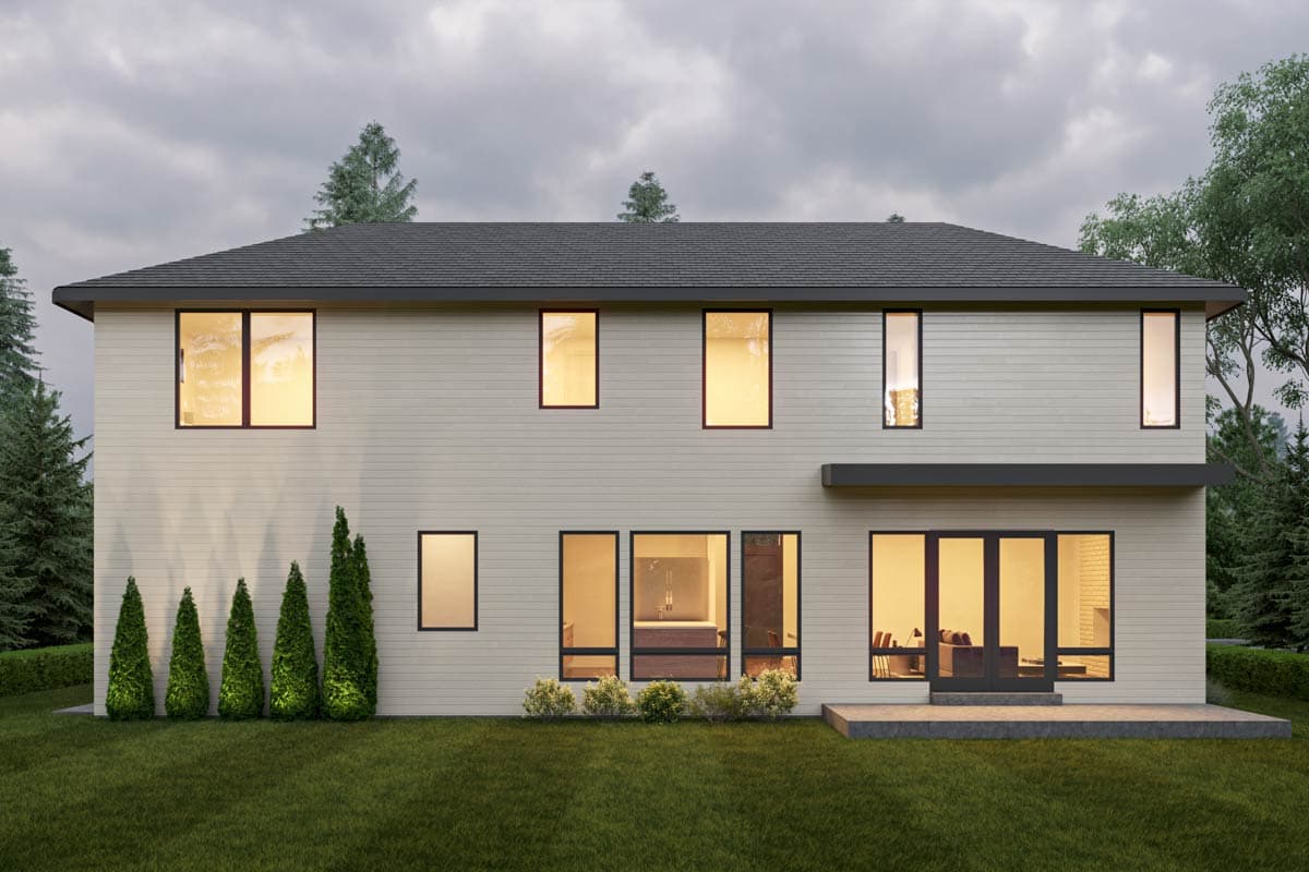 Two-story modern house plan exterior with horizontal siding, a hip roof, and large casement windows.