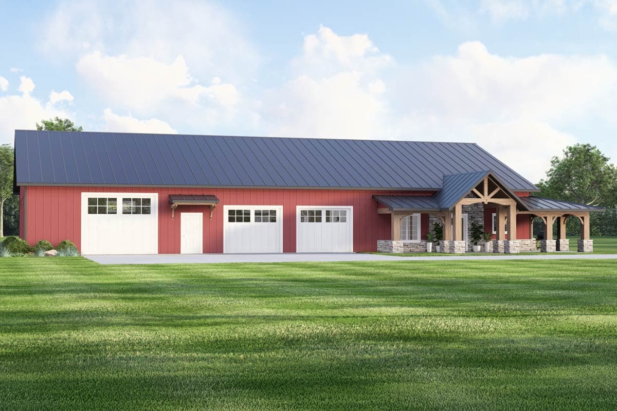 House plan exterior with Craftsman style entry and garage. Features a gabled roof and covered porch supported by stone columns.