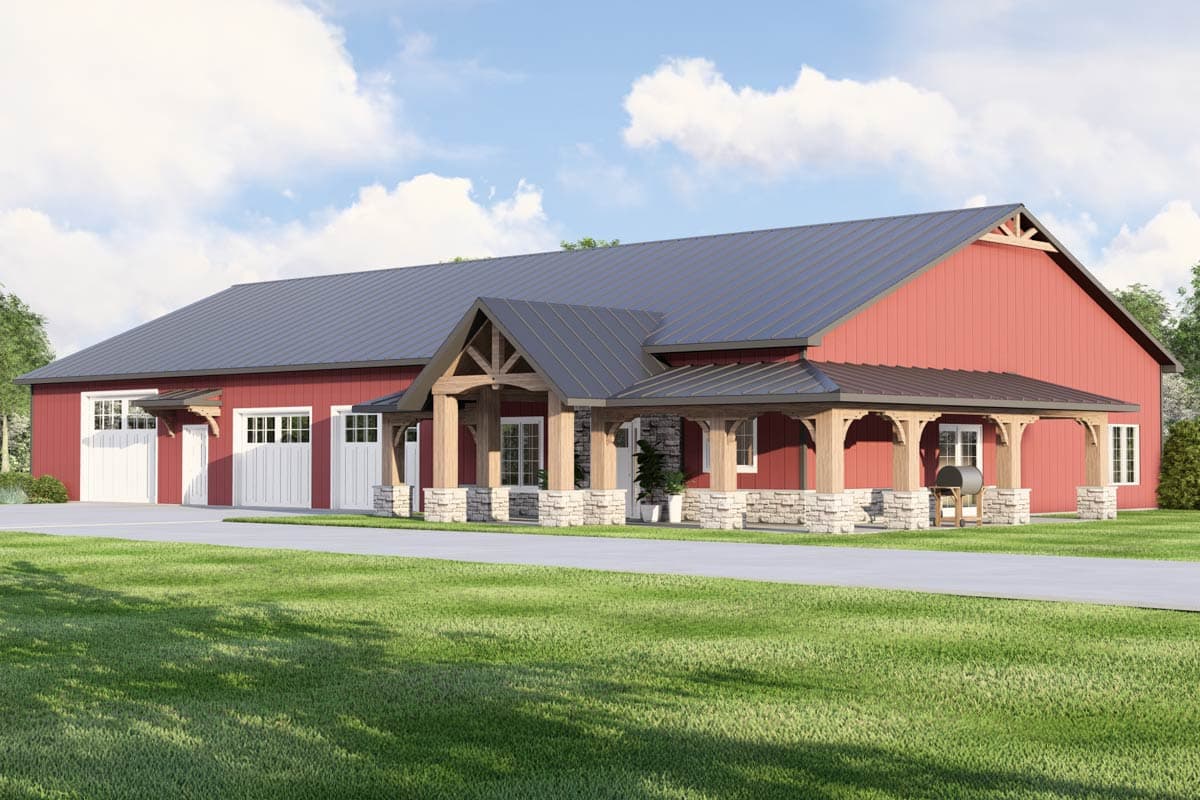 House plan exterior features a red, single-story structure with a metal roof, stone-clad porch supports, and a three-bay garage.