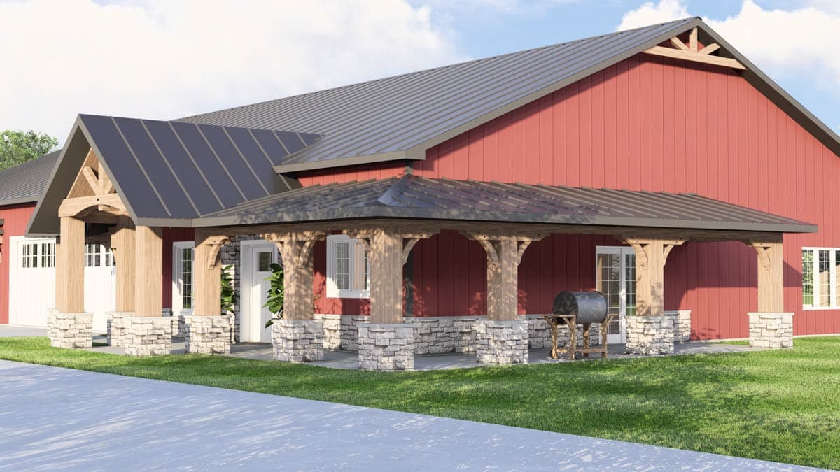 House plan exterior with a red barn style, metal roof, exposed wooden beams, and stone-clad porch supports.