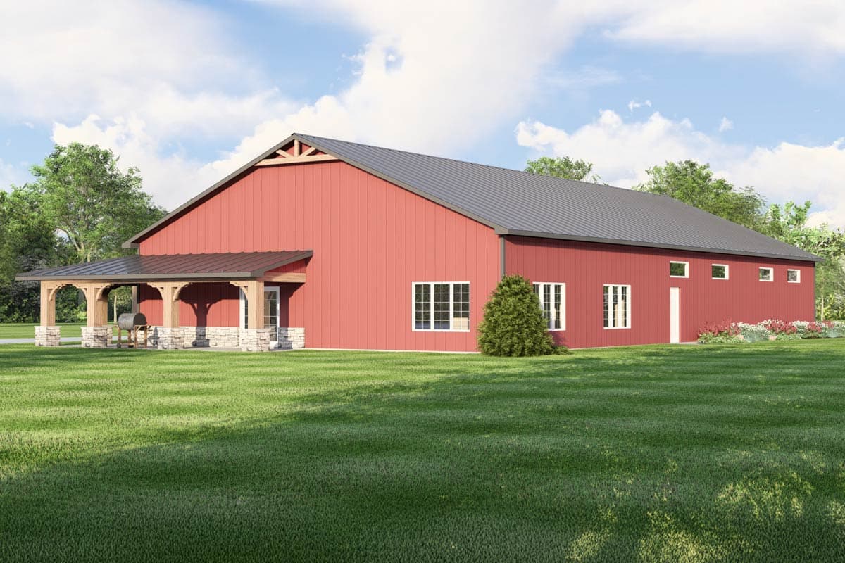 House plan exterior: Red barn style, one story with covered porch, stone supports, gabled roof, and multiple windows.