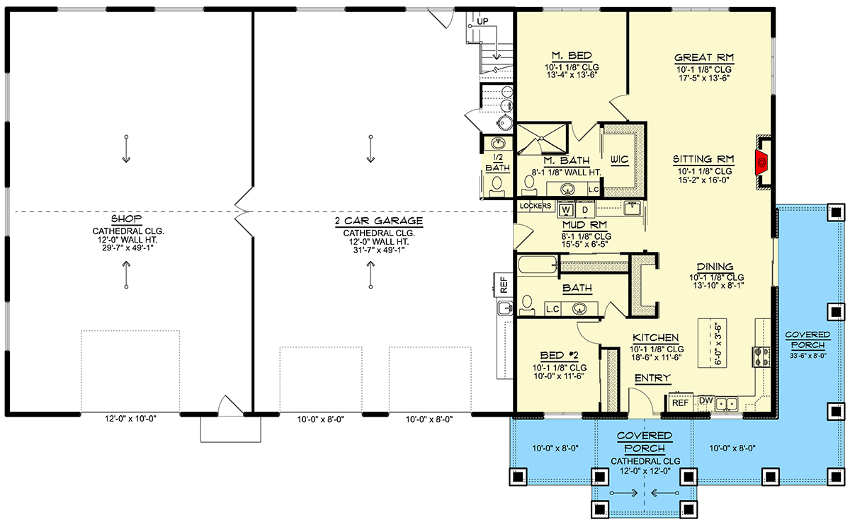 Plan 135375GRA: 2-Bed Barndominium with RV Garage and Wrap Around Porch - Floor Plan - Main Level - Barndominium, Mountain