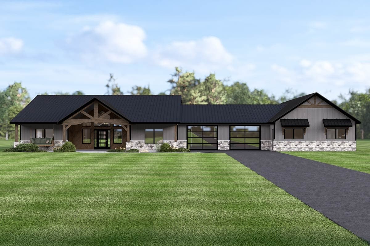 House plan exterior. Modern Farmhouse style, one-story. Features include a front porch with timber framing, gabled roof, and glass garage doors.