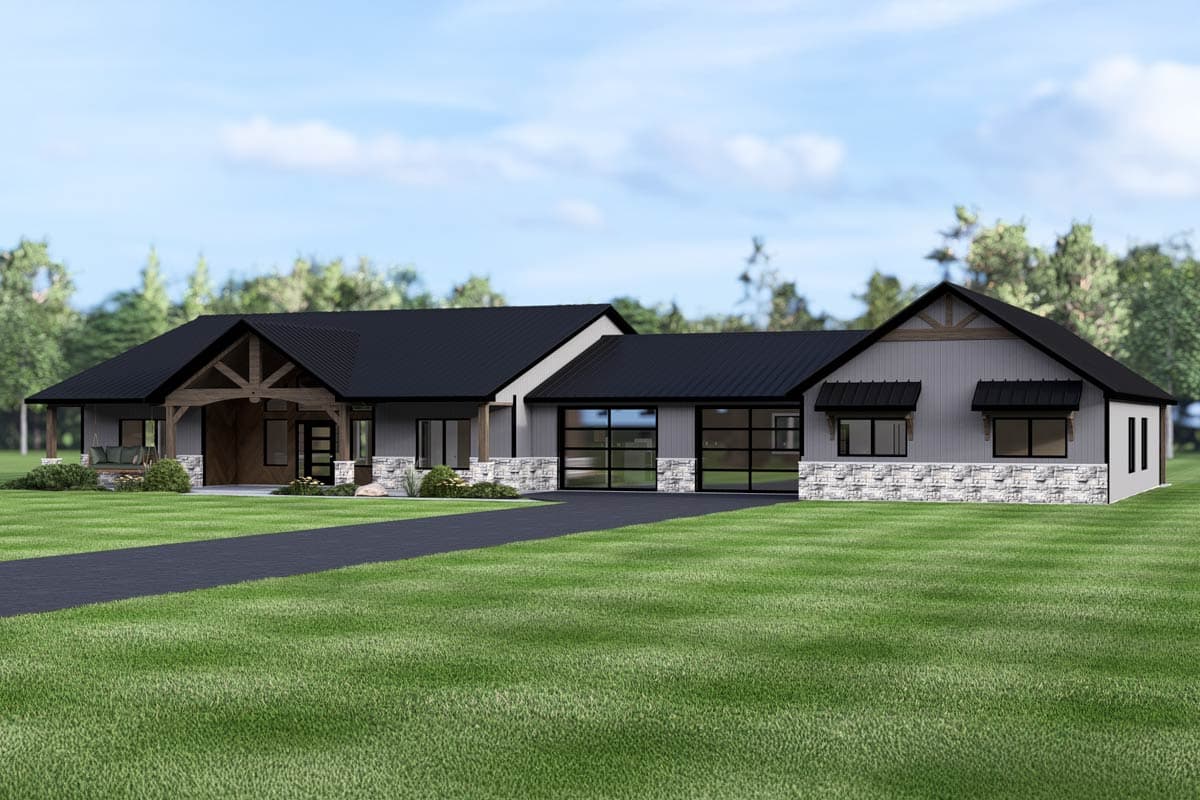 House plan exterior: Modern Farmhouse style, one story, with covered entry, gabled rooflines, stone accents, and dual garage doors.