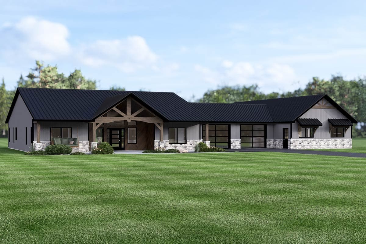 Modern Farmhouse house plan exterior with exposed wood beams on entrance porch, metal roof, and stone accents.