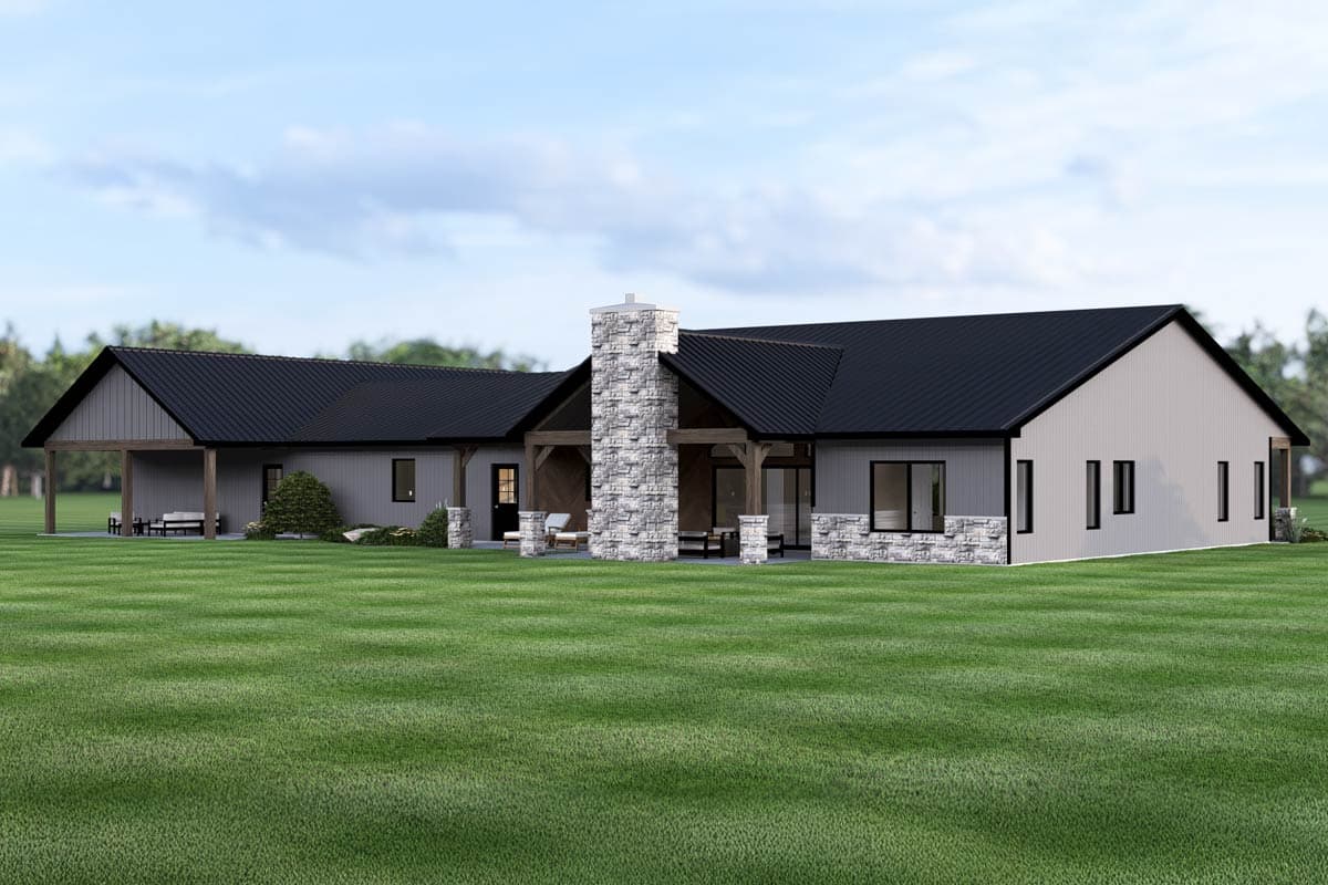 Modern Farmhouse house plan exterior with metal roof, large stone chimney, covered porches, and board and batten siding.
