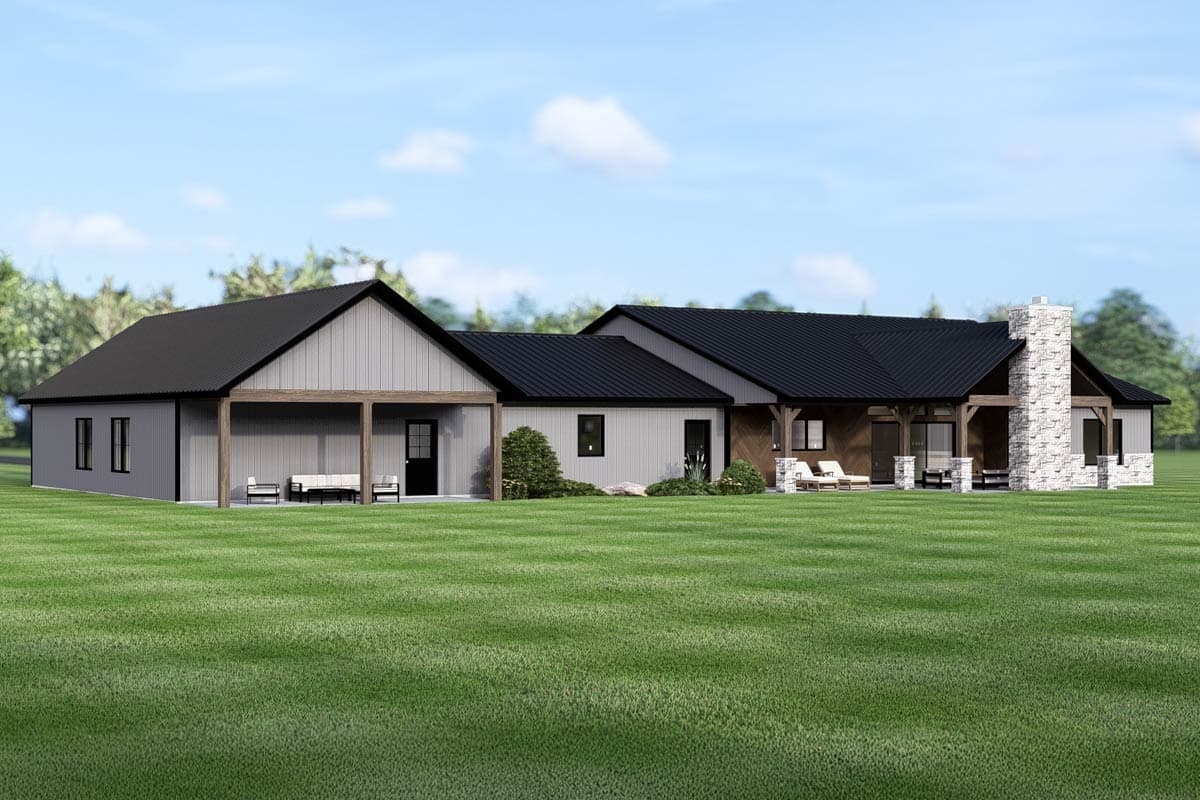 House plan exterior: Modern Farmhouse style, one story, with a covered porch, gables, and a stone chimney.