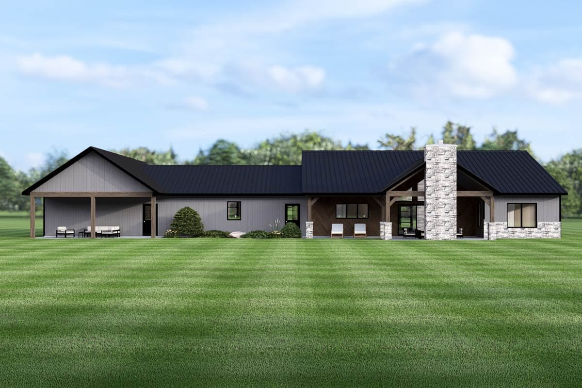 Modern house plan exterior with gable roof, covered porch, stone chimney, and exposed wood beams.