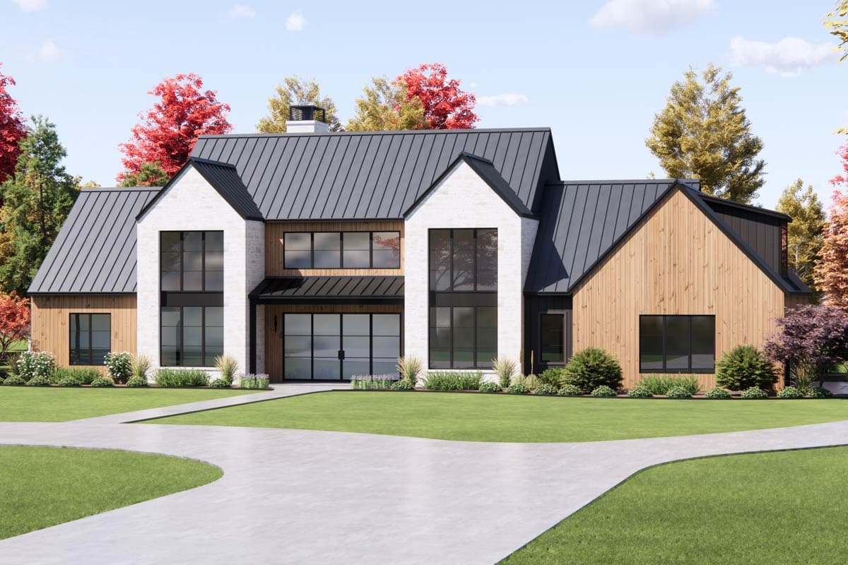Modern farmhouse exterior house plan with two stories, board-and-batten siding, metal roof, and large windows with black trim.