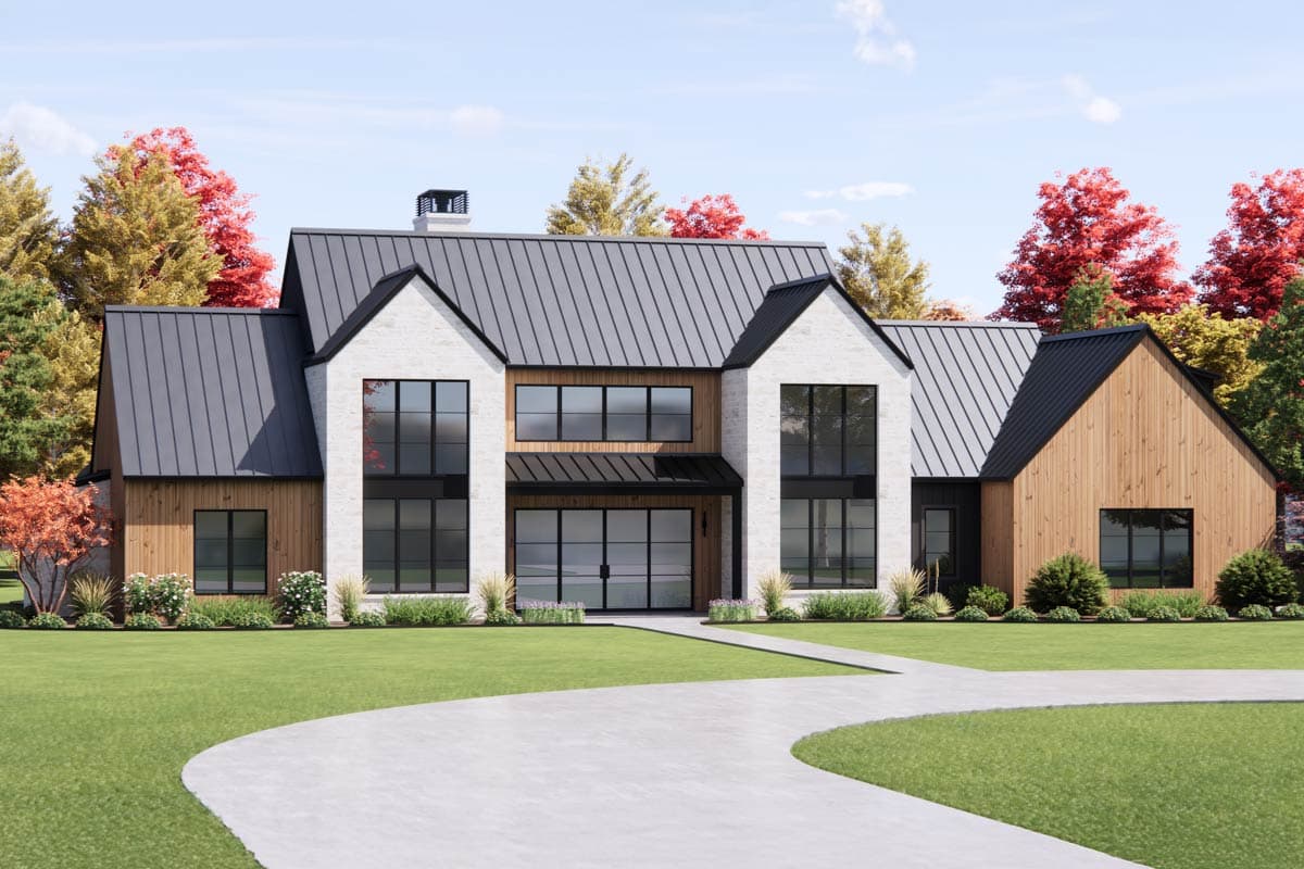 Modern Farmhouse style house plan exterior with metal roof, white brick, wood siding, and large black-framed windows.