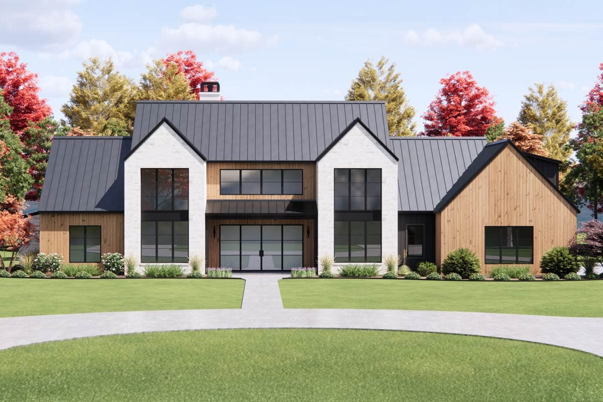 Modern Farmhouse style house plan exterior with white brick, wood siding, metal roof, and large black windows.