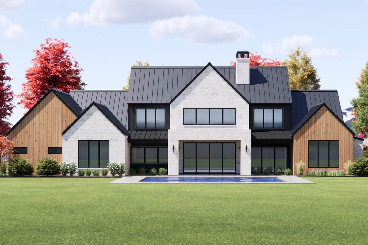 Modern house plan exterior with white brick, wood siding, metal roof, gables, and large windows.