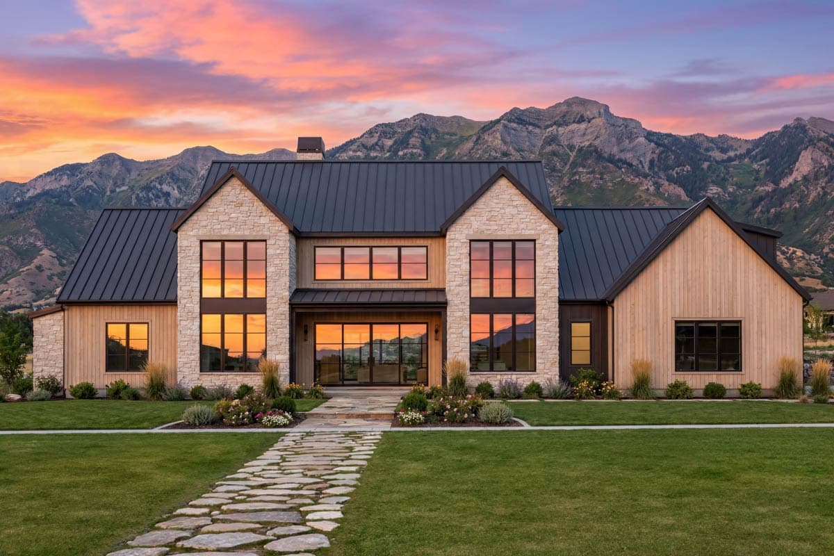 House plan exterior: Modern Farmhouse style with stone and wood siding, metal roof, and large black-framed windows.