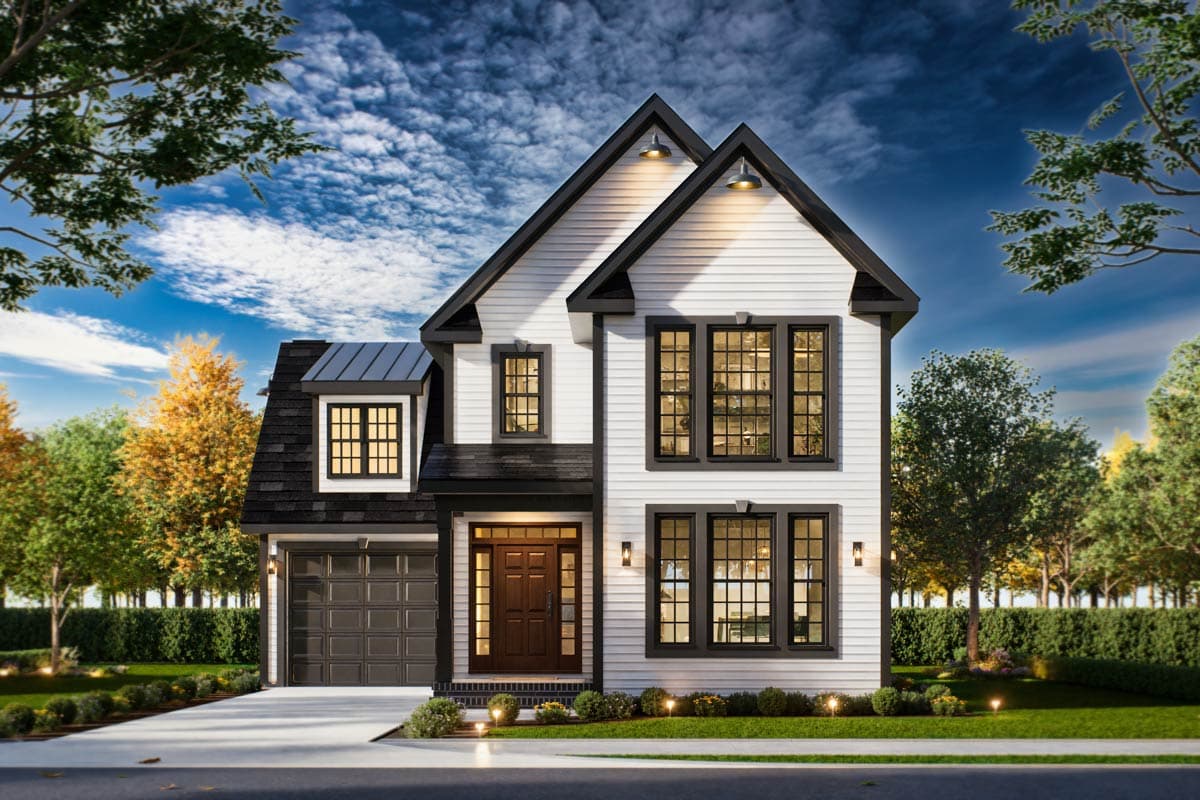 House plan exterior. Two-story Modern Farmhouse with gabled roof, dormers, and attached garage. Featuring black trim, and a prominent entryway.