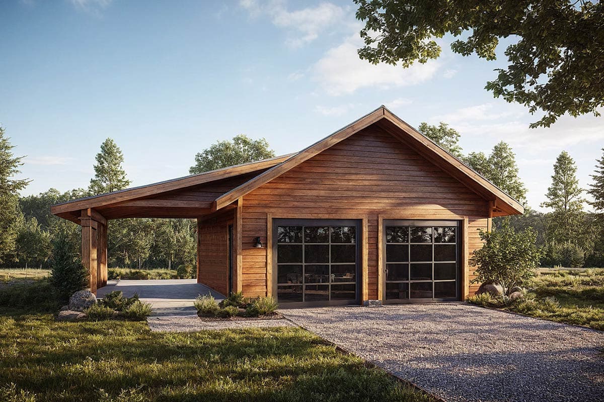 Modern wood-clad garage with two glass-paned doors and a side carport, featuring a prominent gable roof and open eaves.