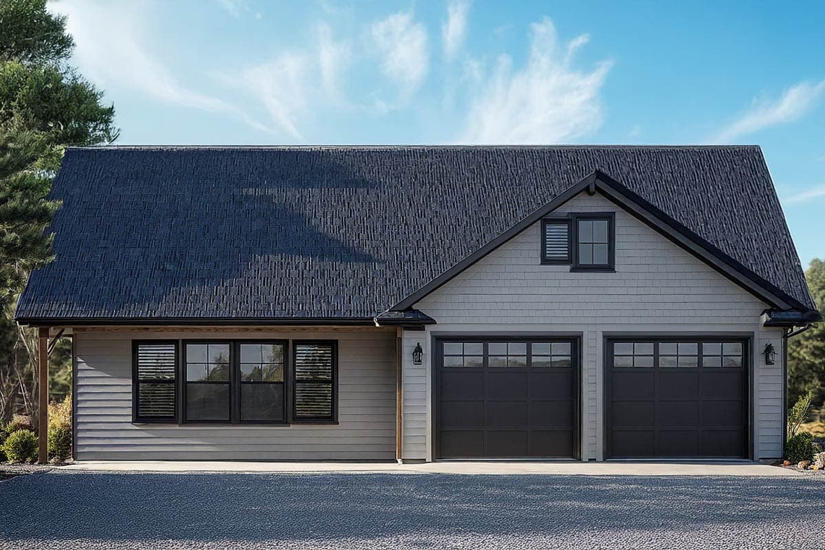 House plan exterior. Two-story structure with gable roof, dormer, and two-car garage. Featuring a shingle facade and dark garage doors.