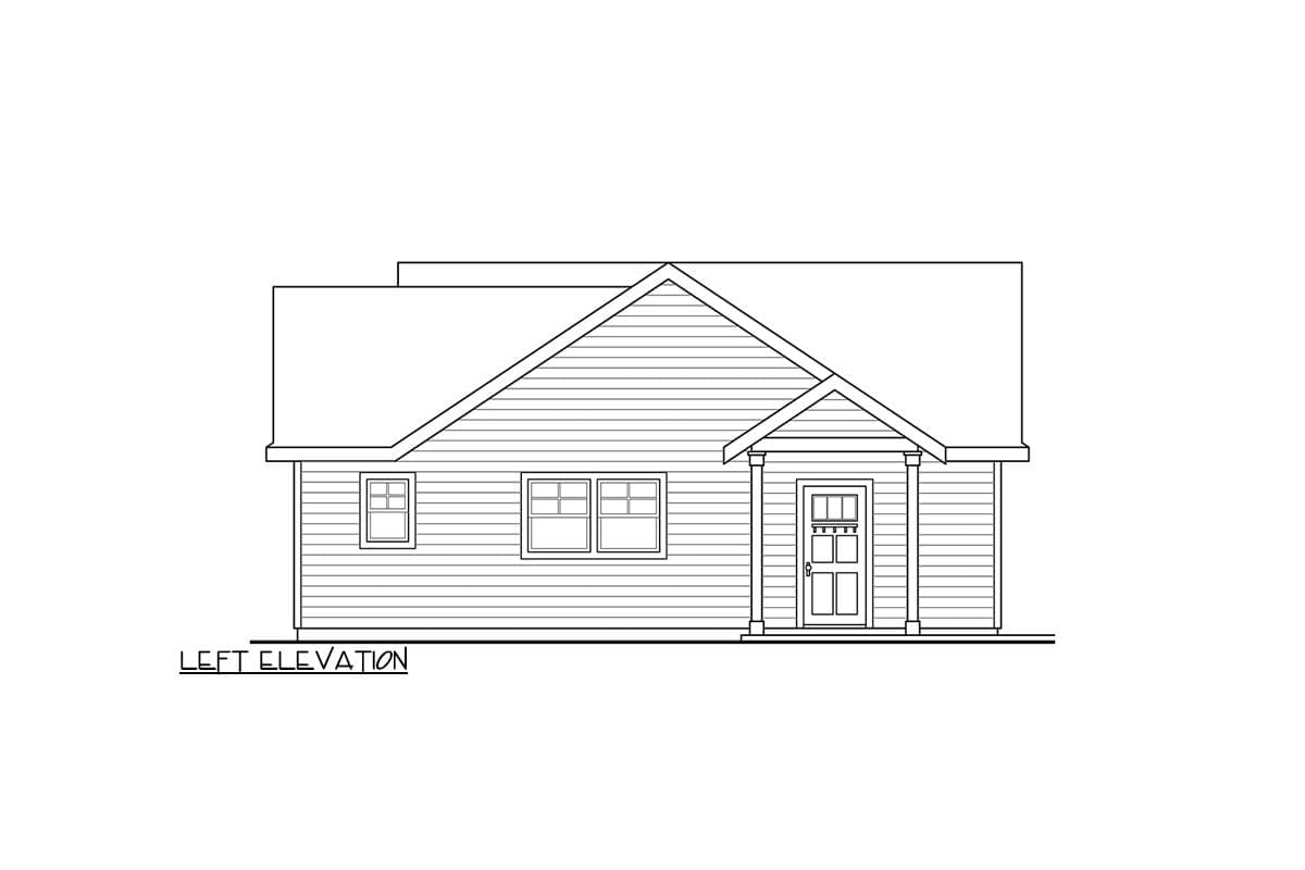 Left elevation house plan: one-story home with a gabled roof, covered porch entry, and multiple windows.