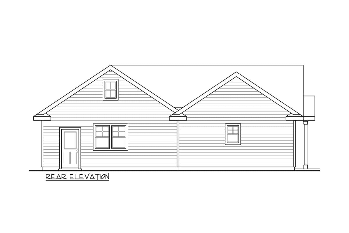 Rear elevation drawing of a house plan with a gabled roof, a door, and three windows.